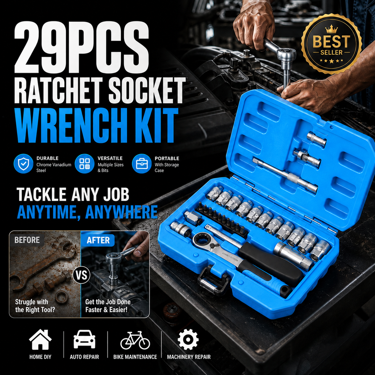 29pcs Core Ratchet Socket Wrench Kit – Chrome‑vanadium steel, 11 sockets & 10 bits. Perfect for car repairs & DIY – save on garage bills! 🛠️✨