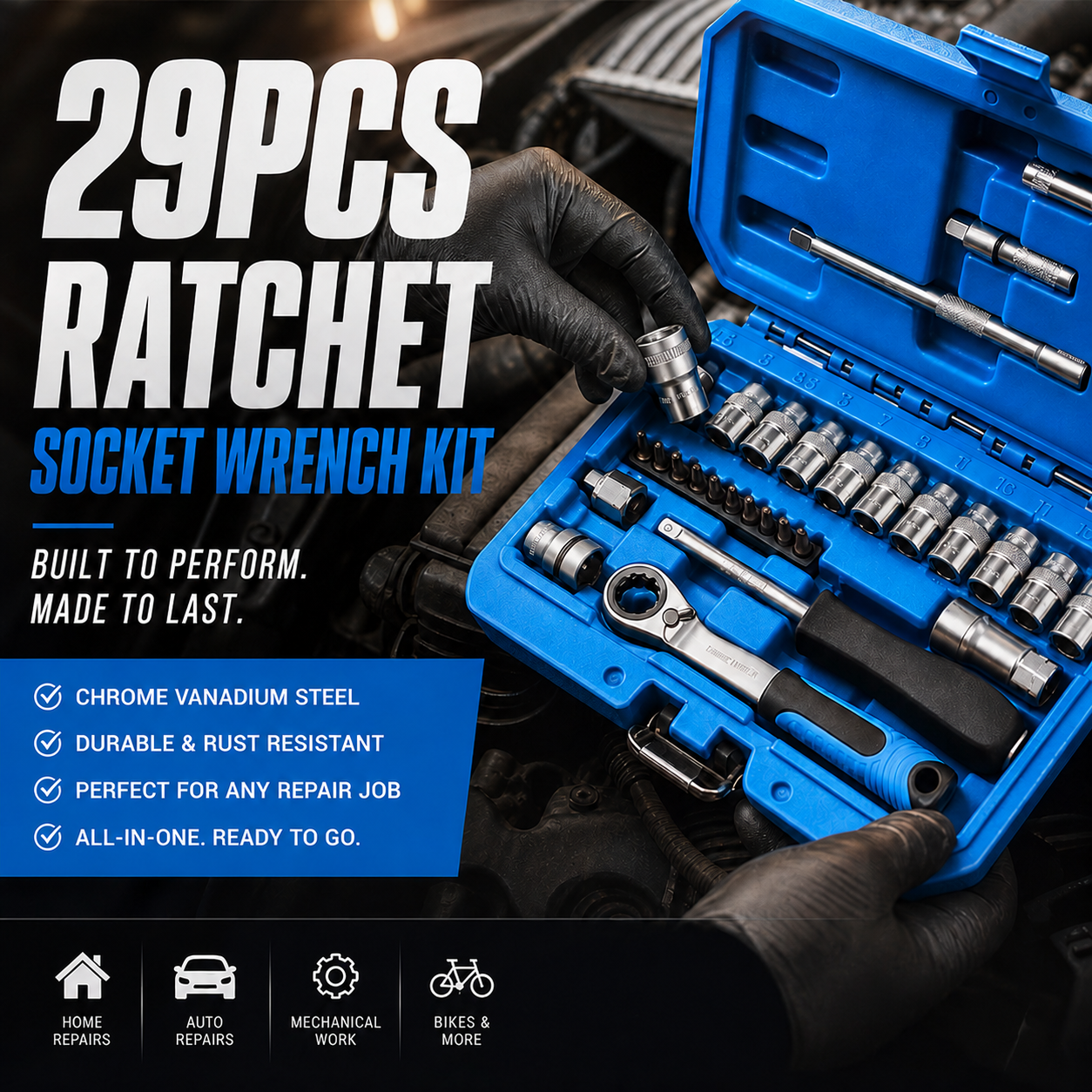 29pcs Core Ratchet Socket Wrench Kit – Chrome‑vanadium steel, 11 sockets & 10 bits. Perfect for car repairs & DIY – save on garage bills! 🛠️✨