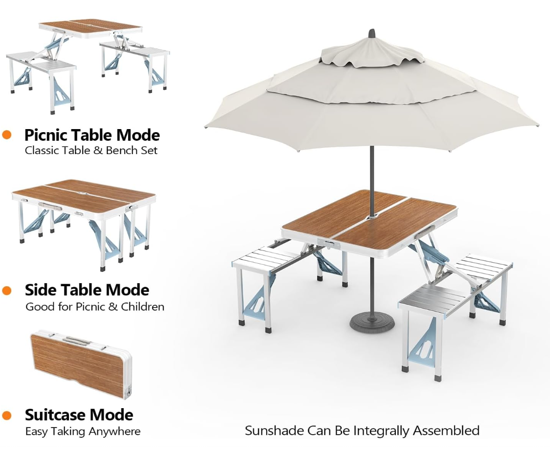 🔥4FT Outdoor Picnic Table Set, Lightweight Aluminum Folding Table with Seats & Umbrella Hole