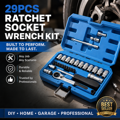 29pcs Core Ratchet Socket Wrench Kit – Chrome‑vanadium steel, 11 sockets & 10 bits. Perfect for car repairs & DIY – save on garage bills! 🛠️✨