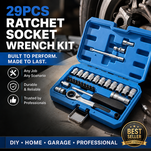 29pcs Core Ratchet Socket Wrench Kit – Chrome‑vanadium steel, 11 sockets & 10 bits. Perfect for car repairs & DIY – save on garage bills! 🛠️✨