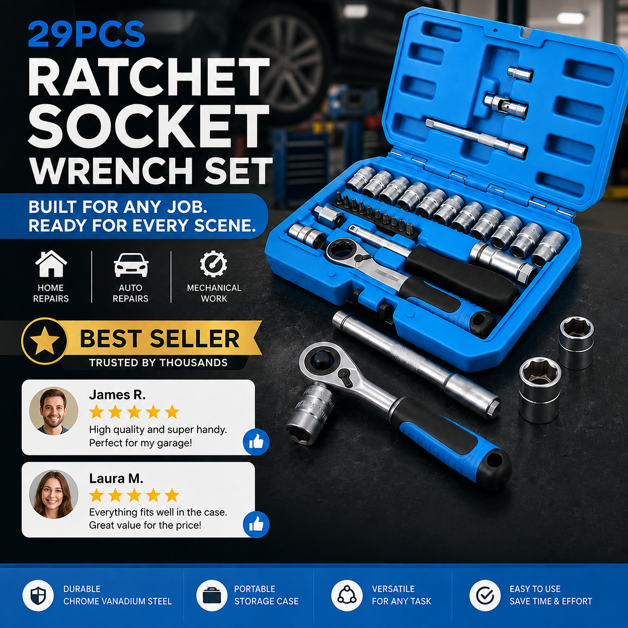 29pcs Core Ratchet Socket Wrench Kit – Chrome‑vanadium steel, 11 sockets & 10 bits. Perfect for car repairs & DIY – save on garage bills! 🛠️✨