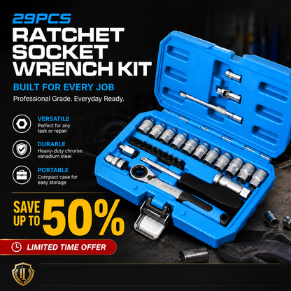 29pcs Core Ratchet Socket Wrench Kit – Chrome‑vanadium steel, 11 sockets & 10 bits. Perfect for car repairs & DIY – save on garage bills! 🛠️✨