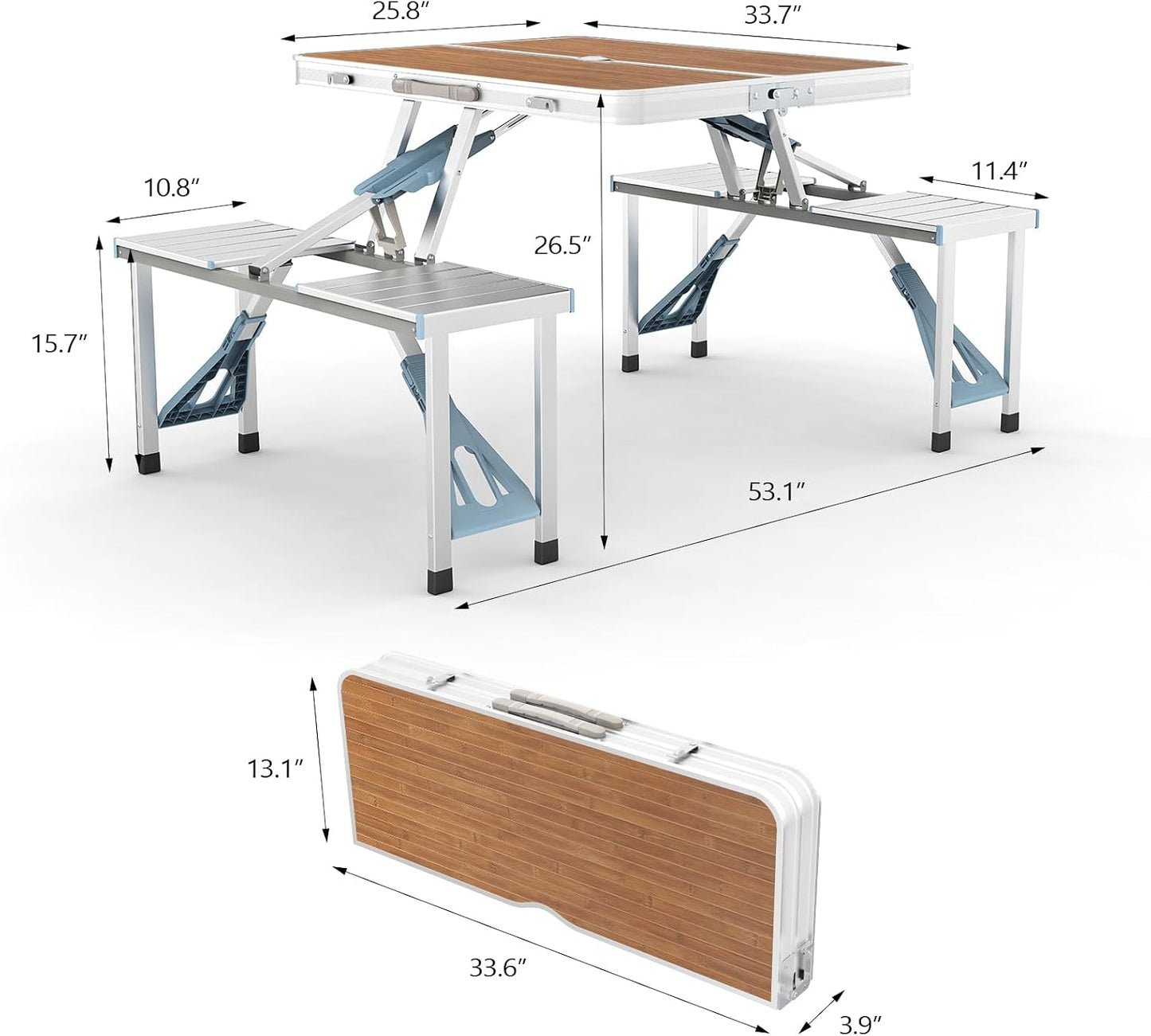 🔥4FT Outdoor Picnic Table Set, Lightweight Aluminum Folding Table with Seats & Umbrella Hole