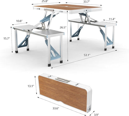 🔥4FT Outdoor Picnic Table Set, Lightweight Aluminum Folding Table with Seats & Umbrella Hole