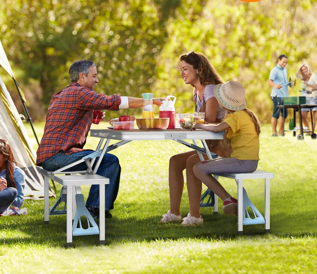 🔥4FT Outdoor Picnic Table Set, Lightweight Aluminum Folding Table with Seats & Umbrella Hole