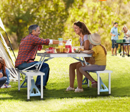 🔥4FT Outdoor Picnic Table Set, Lightweight Aluminum Folding Table with Seats & Umbrella Hole