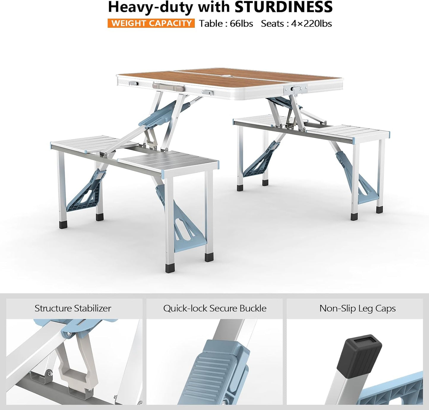 🔥4FT Outdoor Picnic Table Set, Lightweight Aluminum Folding Table with Seats & Umbrella Hole