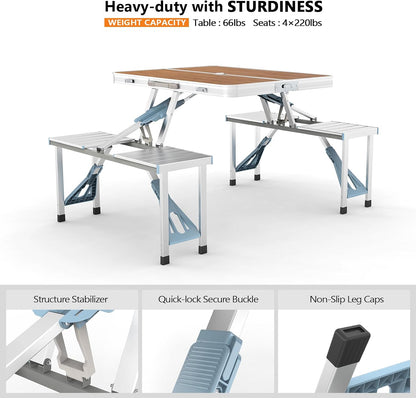 🔥4FT Outdoor Picnic Table Set, Lightweight Aluminum Folding Table with Seats & Umbrella Hole