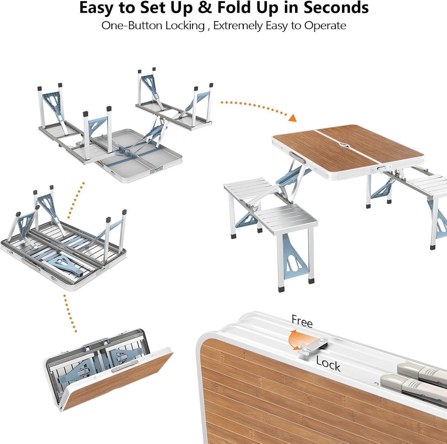 🔥4FT Outdoor Picnic Table Set, Lightweight Aluminum Folding Table with Seats & Umbrella Hole