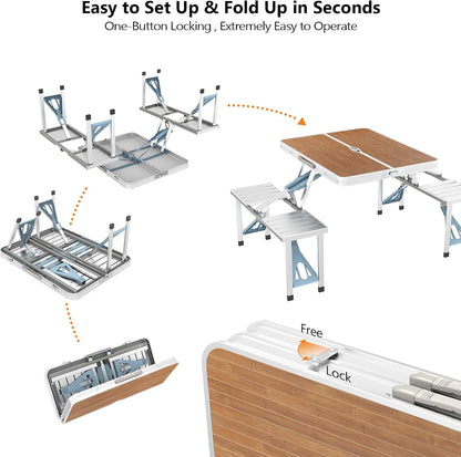 🔥4FT Outdoor Picnic Table Set, Lightweight Aluminum Folding Table with Seats & Umbrella Hole