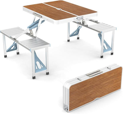 🔥4FT Outdoor Picnic Table Set, Lightweight Aluminum Folding Table with Seats & Umbrella Hole