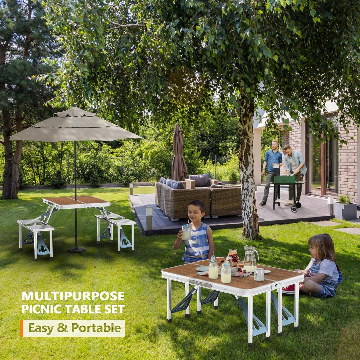 🔥4FT Outdoor Picnic Table Set, Lightweight Aluminum Folding Table with Seats & Umbrella Hole