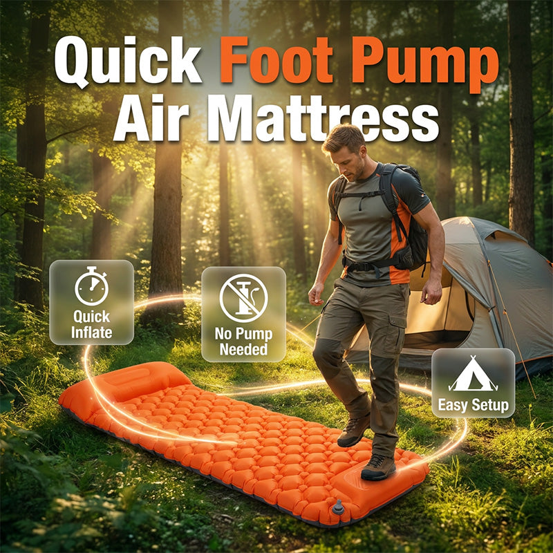 💨🏕️ Van backpack naar comfortabel bed in minuten – dit voetpomp luchtbed weegt amper iets, rolt klein op en isoleert je van koude grond. 50% KORTING!
