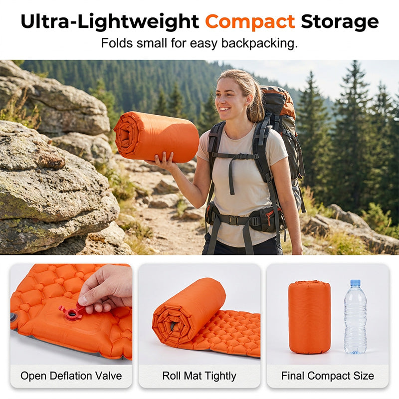 💨🏕️ Van backpack naar comfortabel bed in minuten – dit voetpomp luchtbed weegt amper iets, rolt klein op en isoleert je van koude grond. 50% KORTING!